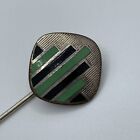 Edwardian Green and Black Guilloche Enamel Machined Stripes Button Stick Pin