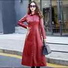 Women's Stylish Trench Coat Lambskin Red Leather Long Trench Coat Dress LC 009