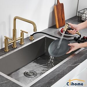 Clihome Dual Handle Centerset Bridge Kitchen Faucet with Pull-Out Side Spray