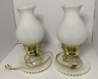 Set Of 2 Vintage Milk Glass Hurricane Hobnail Table Lamps 5”x 11”