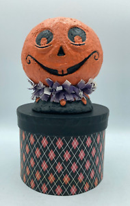 Johanna Parker Halloween Folk Art Paper Mache Jack O Lantern Pumpkin Lidded Box
