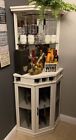 White Wood Corner Mini Bar for Home Liquor Wine Cabinet Shelves with Mirror Back