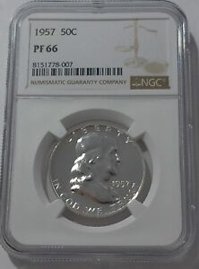 1957 NGC PF66 SILVER PROOF FRANKLIN HALF DOLLAR 50C 90% SILVER WHITE LABEL