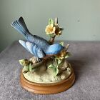 BEAUTIFUL VINTAGE ANDREA OF SADEK BLUE BIRD FIGURINE & WOOD BASE, 7 