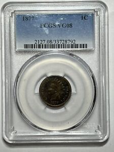 1877 Indian Head Cent PCGS VG08 Key Date Nice Original Circ Look