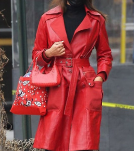 Women's Leather Red Trench Coat - Overcoat Real Leather Trench Coat Outwear Coat