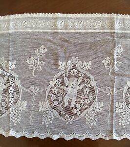 NOS Vintage New Cream Lace Curtain Valance Fabric Cupids / Cherubs Flowers