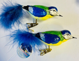 2 Vtg Lauscha Glass Clip Christmas Ornament Blue Tit Bird Feather Tail Germany