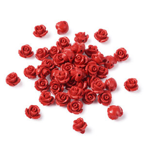 50pcs 3D Rose Flower Cinnabar Resin Beads Red Carved Loose Spacers Beading 10mm