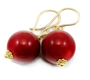 Red Coral Earrings Smooth Round Simple Drops Dangle 14k Solid Gold  Sterling
