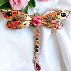 JOAN RIVERS Plique A Jour  Dragonfly Pin Pink Faux Pearl Stain Glass ~BEAUTIFUL~