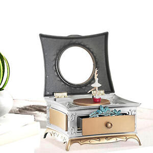 Rotatable Dancing Ballerina Girl Makeup Mirror Music Box Jewelry Box+Drawer Glod
