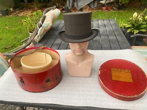 Antique 30s-40s Excellent DOBBS Silk Collapsible Top Hat 7-1/8 & Orig Box