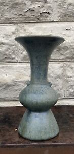 Brutalist Art Pottery Vase Signed “AMI” 12” Drab Blue-Green American