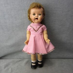 New ListingVintage IDEAL Walker Doll 16in Sleep Eyes Wig Hair Pink Dress