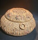 Very Old German Sewing Basket Box Wicker Hinged Lid Tufted Lined Seamstress
