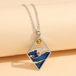 Fashion Blue Ocean Wave Sun Rhombus Pendant Necklace Women Girls Holiday Gift