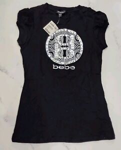 Bebe Logo Women’s Top Black Size Small Rhinestones Short Cap Sleeve NWT
