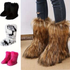 Women's Furry Fluffy Mid Calf Snow Boots, Warm & Comfy Slip On Round Toe