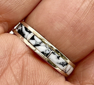 Navajo White Buffalo Inlay Turquoise Ring Band Sz 8.5 Sterling Silver CJ Kyle