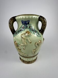New ListingVintage Majolica 3 Handle Vase/Urn With Cherubs Made in Japan, Light Green