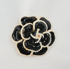 Large Black Flower Brooch/Pin Gold Tone with Tiny Faux Pearls  1.75