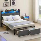 Full / Queen Size Bed Frame LED Upholstered Headboard 2 Storage Drawers Platform