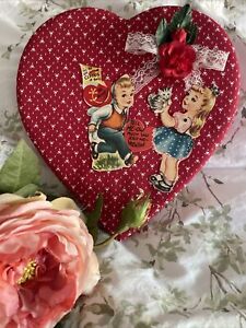 VTG Cloth Candy Heart Box Valentine Chocolate Box~Red White Valentine's Day Card