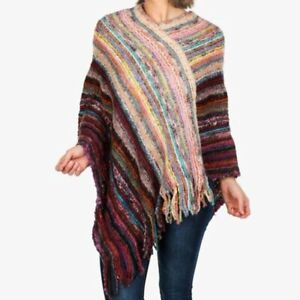 multicolor sweater knit poncho one size New red pink warm cozy striped acrylic