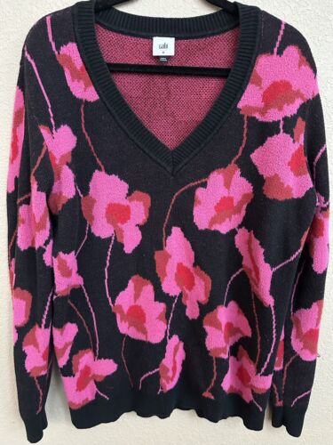 EUC CAbi #4102 Rococo Floral Pullover Pink Peony Cotton Blend Sweater V-Neck M