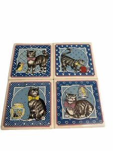 Vtg Cat Design Tile Trivet Set of 4 Coasters Wall Art Spoon Rests Ceramic Read