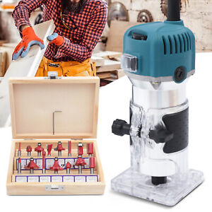 New Listing800W/30000RPM Compact Wood Palm Router Tool Kit Hand Trimmer+15 Wood Router Bits