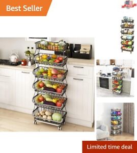 Multipurpose Sturdy 6 Tier Fruit Vegetable Basket - Kitchen Storage Cart - Black