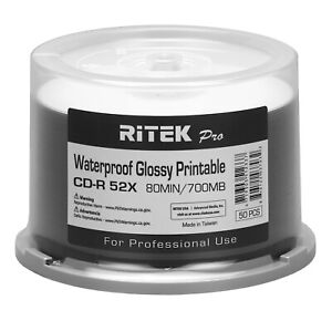 600 Ritek Pro CD-R 52X 700MB Water Resistant Glossy White Inkjet Printable Disc