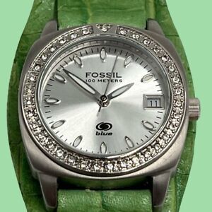 FOSSIL AM-3810 WOMENS WATCH GREEN LEATHER BAND 100 METERS