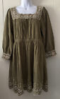 Madewell Sz M Embroidered Corduroy  Square Neck Mini Dress Green Ivory Cotton