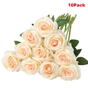 10Pcs Red Roses Artificial Flowers Bouquet Silk Realistic Valentine Home Decor