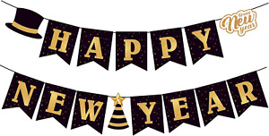 Happy New Year 2023 Banner, Black and Gold Happy New Year Party Supplies, Hangin