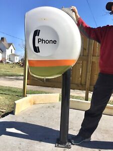Vtg Mid Century Modern Porcelain Egg Shell  Phone Booth Sign Pole Base w Light