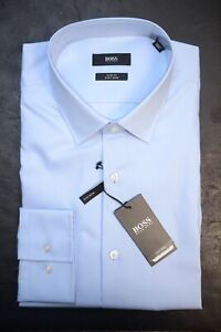 Hugo Boss Men's Jenno Slim Fit Easy Iron Pastel Blue Cotton Dress Shirt 41 16