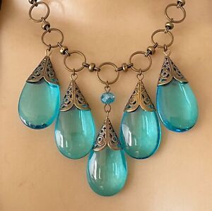 Aqua Blue Necklace 5Pc Glass Teardrop Pendants Antique Circle Chain Mermaid Core
