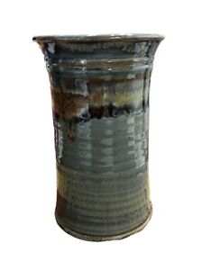 New ListingVintage Tall Hand Turned Studio Pottery Vase Green, Blue Brown 8 1/2
