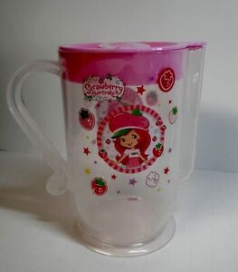 Plastic Cup W/Handle Lid Pink Clear Strawberry Shortcake Floral