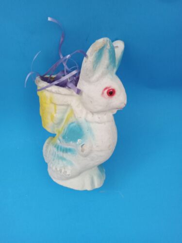 VTG PAPIER MACHE PULP EASTER CANDY CONTAINER BUNNY RABBIT BLUE YELLOW 7.5