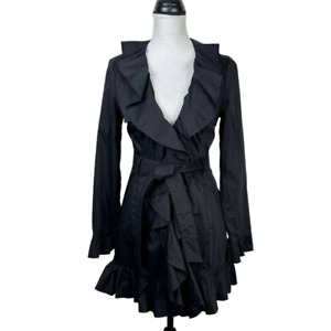 Bebe XS Black Poplin Cotton Blend Ruffle Collar Long Sleeve Dress Trench Jacket