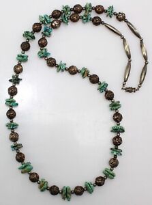 Old Pawn Native American Navajo Sterling Silver Ornate Beads Turquoise Necklace