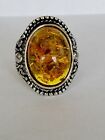 Silver Ring W Bright Amber look Stone Size 9.5 costume Fashion Jewelry  b26