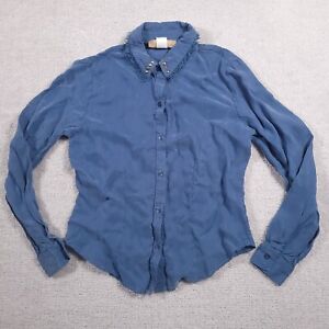 Vintage New Frontier Button Up Western Shirt Womens Small Blue Fringe Collar USA