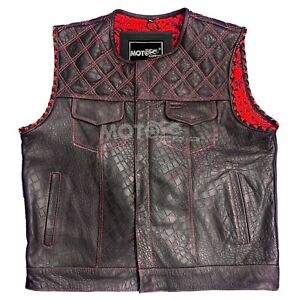 Crocodile Black Leather Vest Red Paisley Lining Motorbike Concealed Waistcoat MG