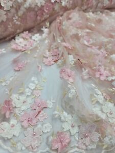 Blush Pink White Beaded Lace 3d Floral Embroidery  Fabric By The Yard Prom